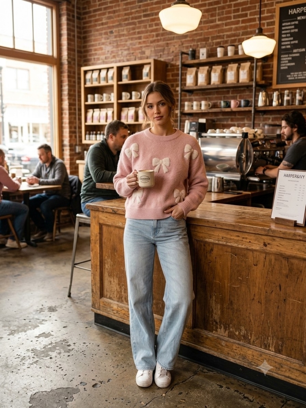 Harper Dusty Pink Crewneck Sweater with Bow Appliqués